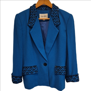 Nolan Miller Vintage Blue Wool Blazer with Black Geometric Beades Trim